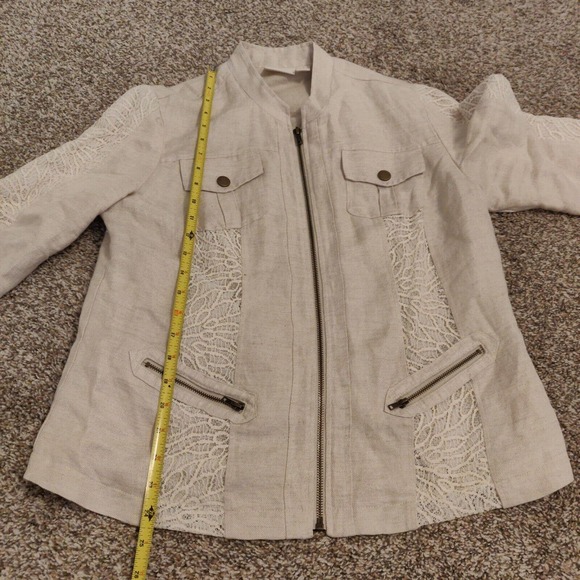 Chico's Women Full Zip Linen Jacket Lace Detailing Ivory Size 1 Long Sleeve - Picture 5 of 6